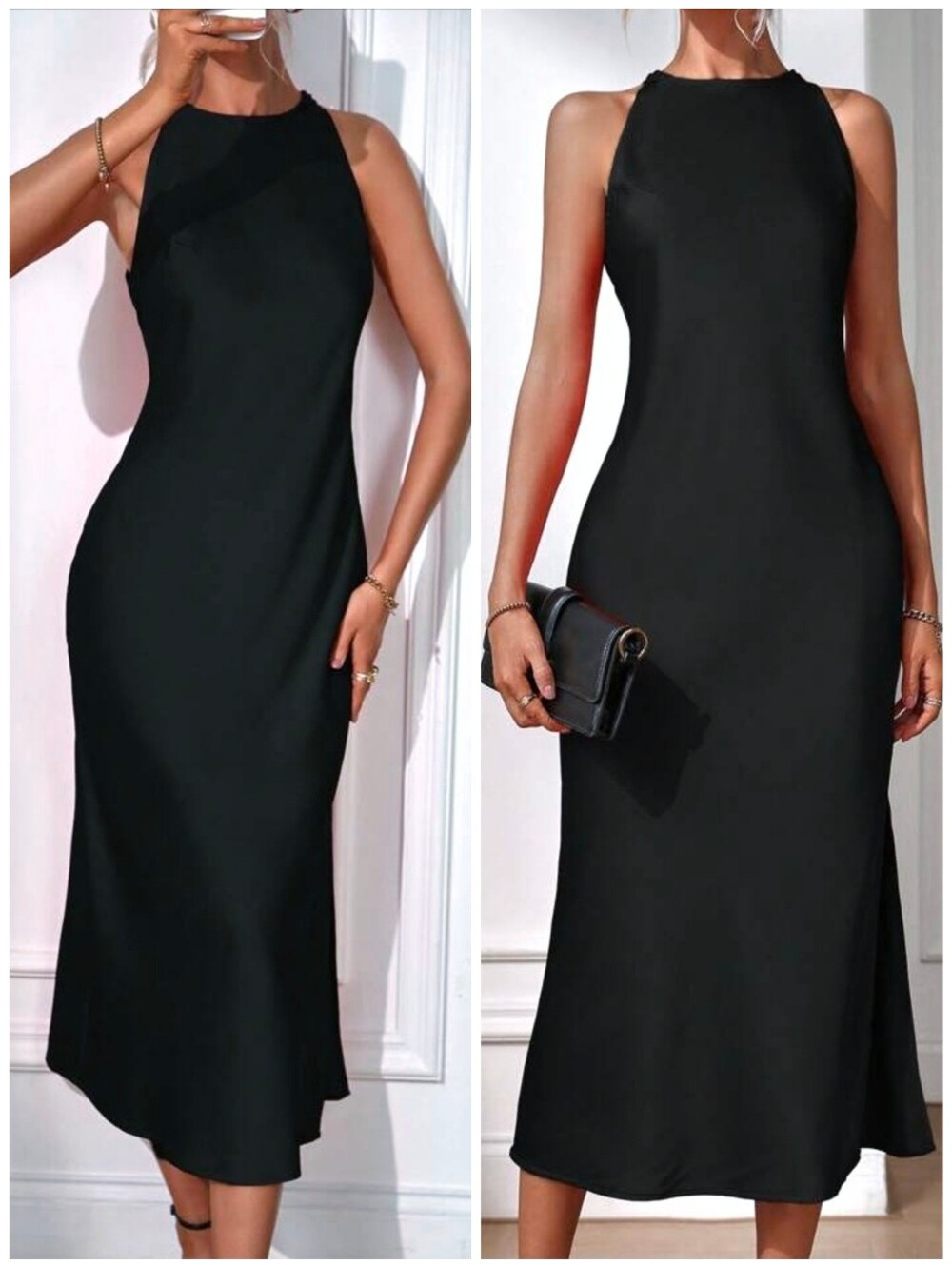 New Satin Halter Long Slip Dress Sleeveless Black